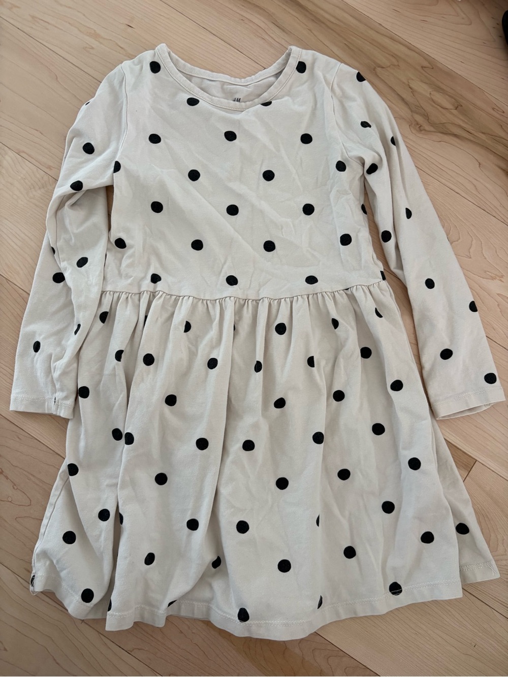 H&M Cream Long-Sleeve Polka Dot Dress with Black Spots